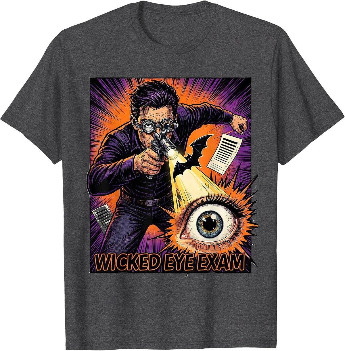Men's Wicked Eye Exam Comic Book Optometrist Halloween Humor T-Shirt - Dark Heather Grey