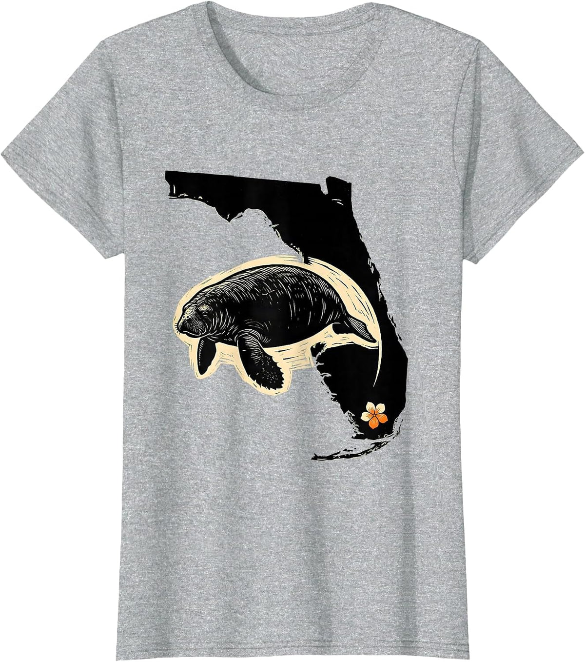 Florida Peninsula Manatee Linocut Retro State Pride T-Shirt - Heather Grey
