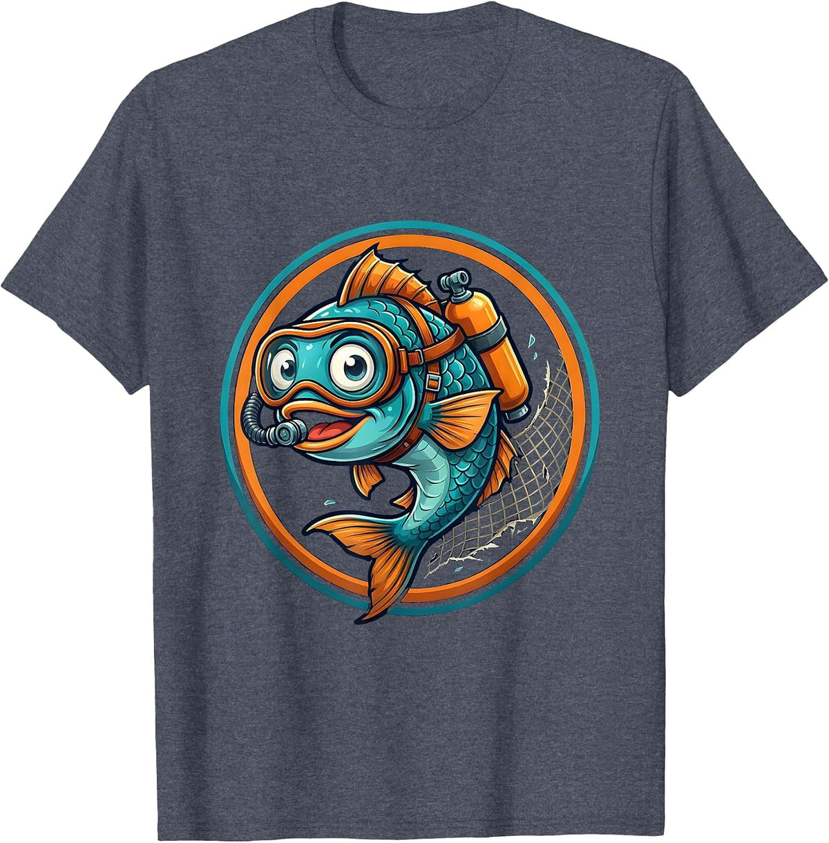 Funny Fish Scuba Diver Escaping Net Illustration T-Shirt - Heather Blue