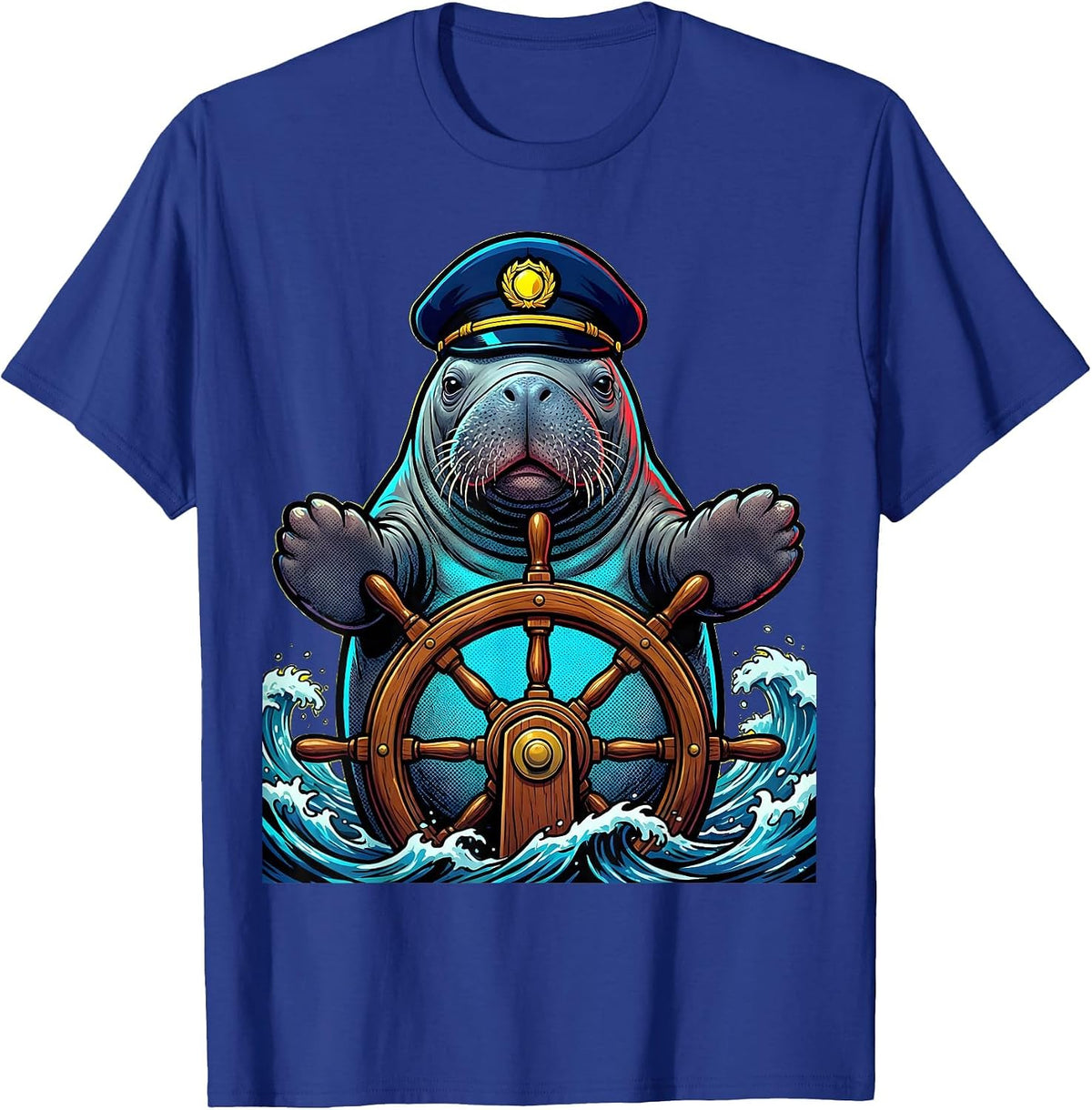Men's Manatee Captain Steering Ship Nautical Design T-Shirt - Royal Blue