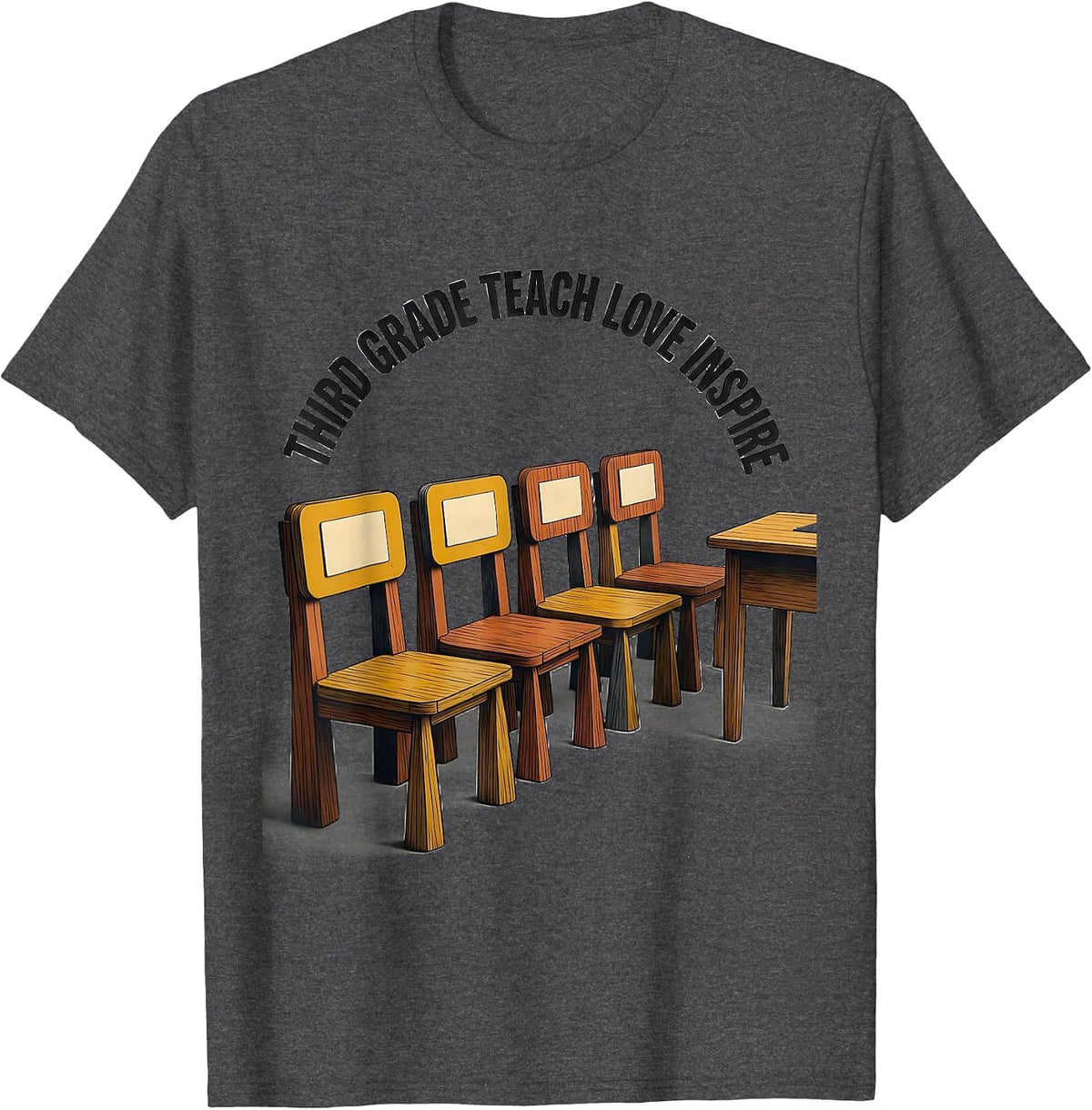 Men's Third Grade Teach Love Inspire Midcentury Modern Teacher T-Shirt - Dark Heather Grey