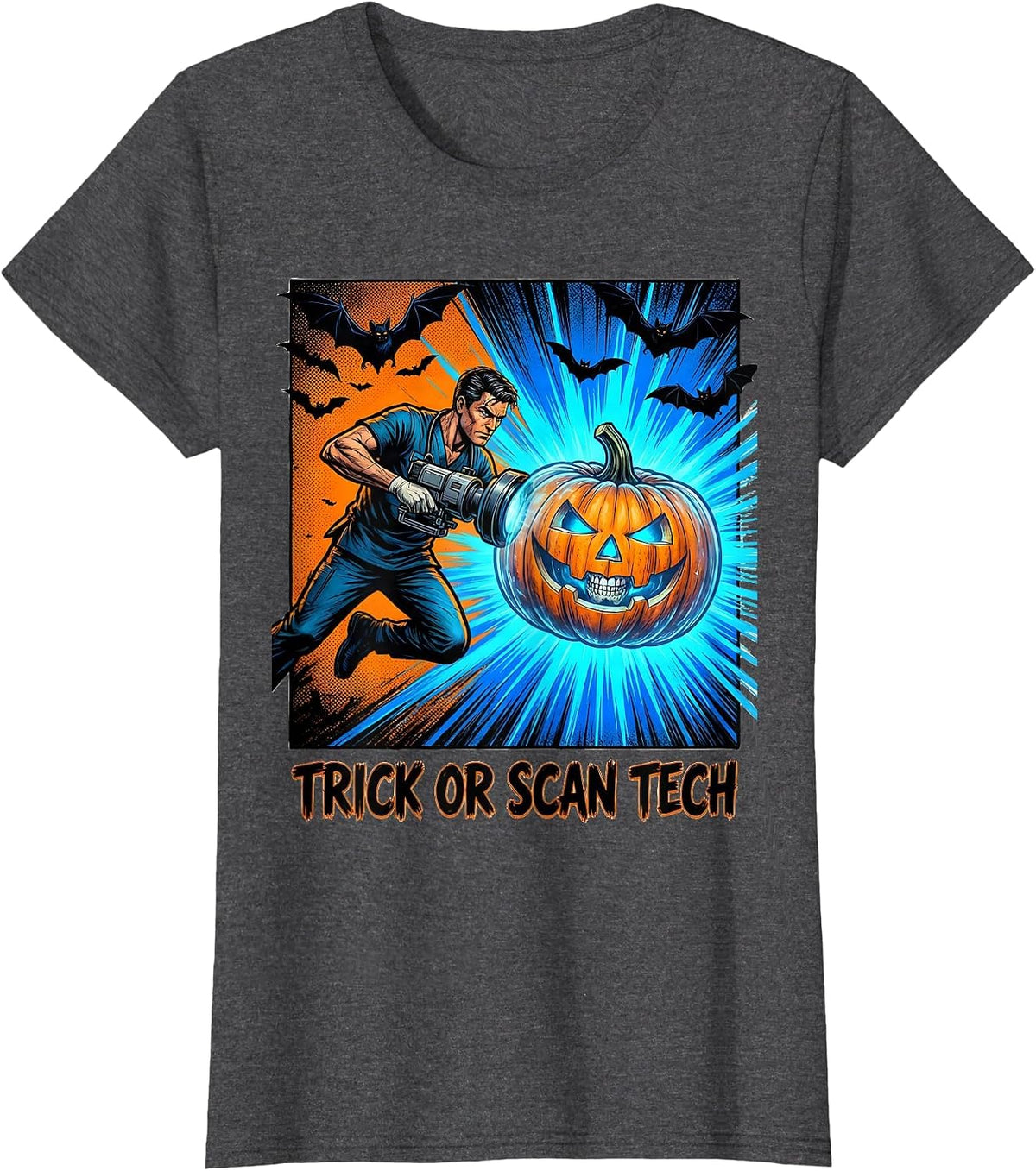 Women's Trick Or Scan Tech Comic Book Radiologic Technologist T-Shirt - Dark Heather Grey