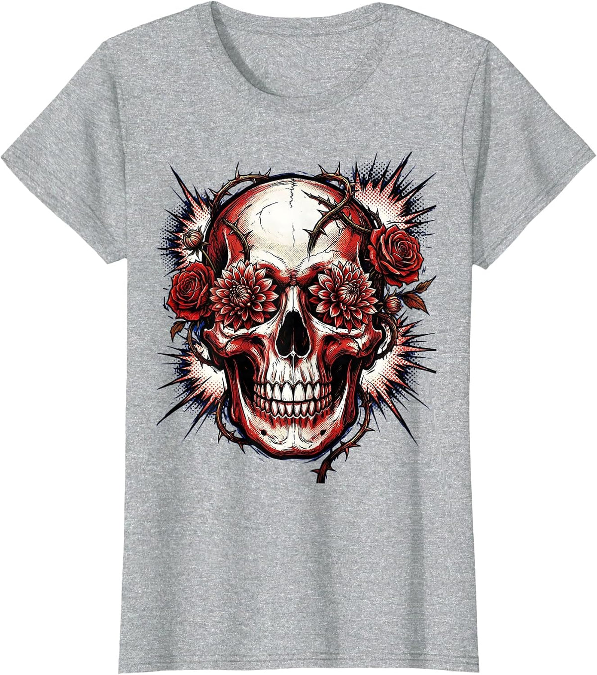 Skull With Blooming Flowers Rock Band Graphic T-Shirt - Heather Grey