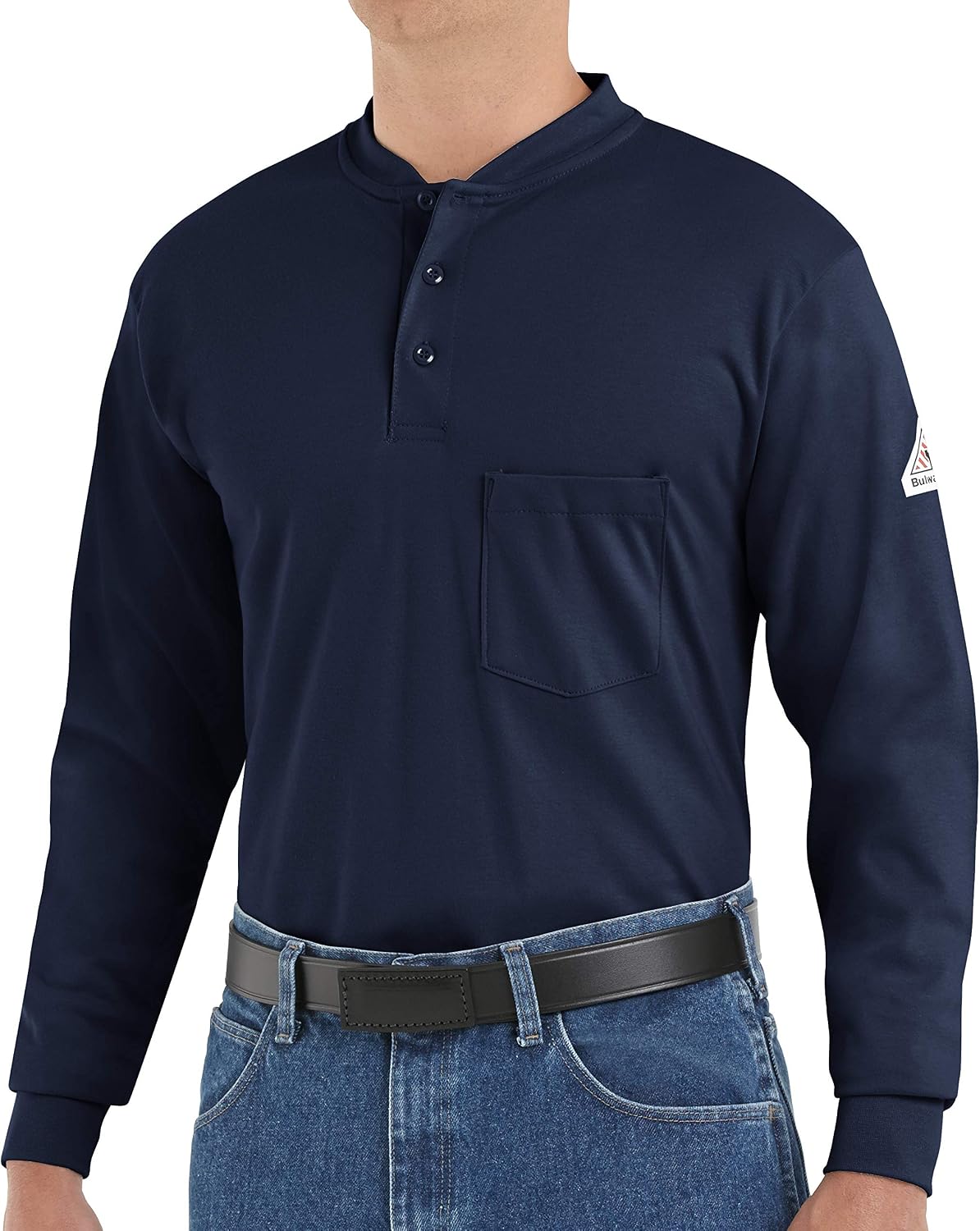 Bulwark FR Men's Flame Resistant 6.25 Oz Cotton Long Sleeve Tagless Henley Shirt - Navy