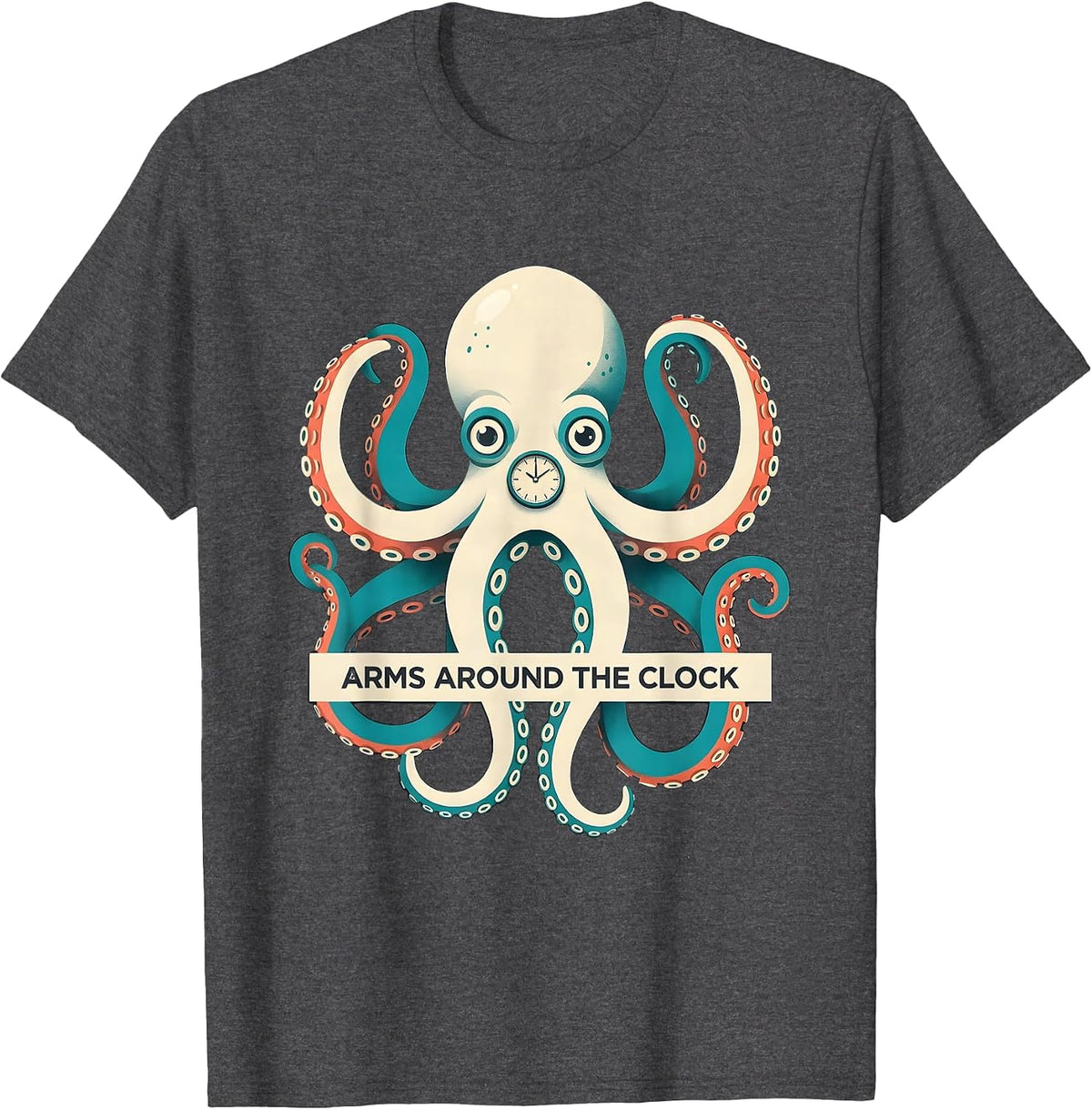 Men's Arms Around The Clock Midcentury Modern Octopus Lover Ocean T-Shirt - Dark Heather Grey