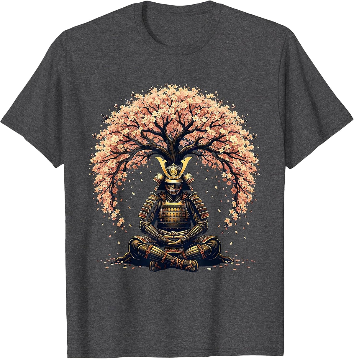 Samurai Meditation Cherry Blossom Graphic T-Shirt - Dark Heather Grey