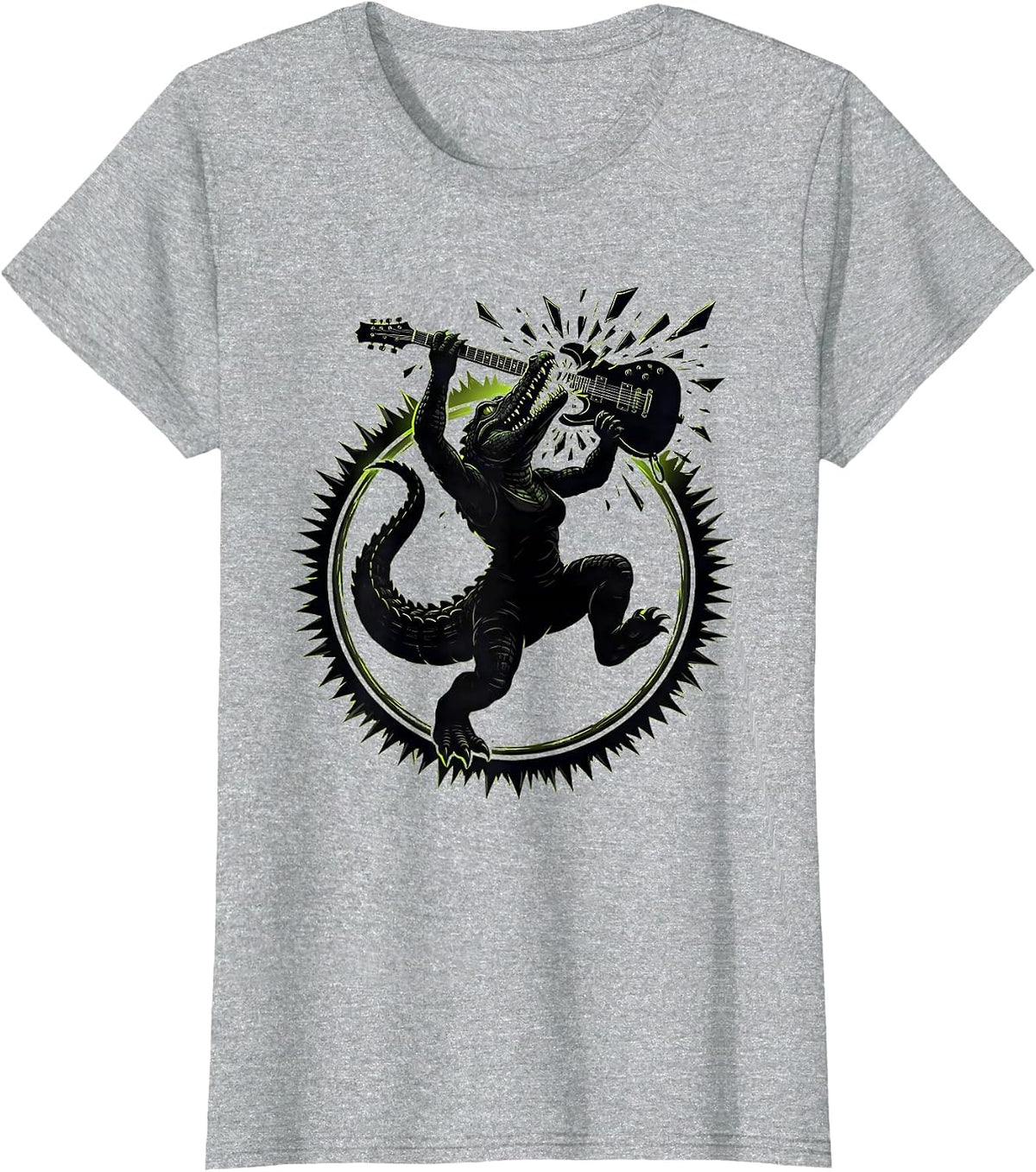 Gator Woman Rockstar Smashing Electric Guitar T-Shirt - Heather Grey