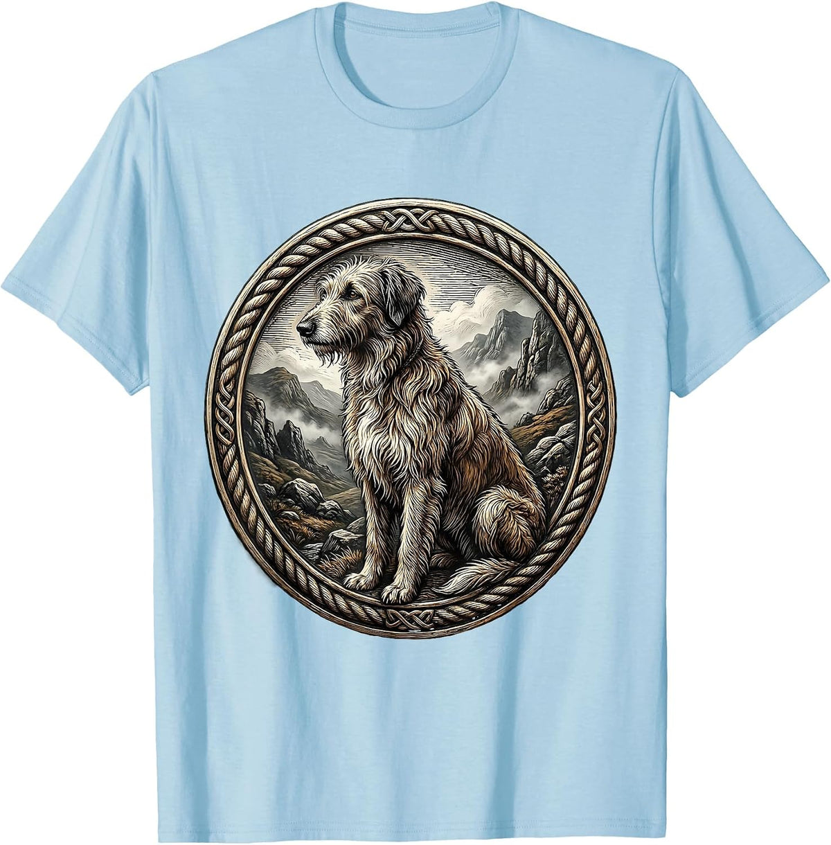 Men's Irish Wolfhound in Misty Landscape Illustration T-Shirt - Baby Blue