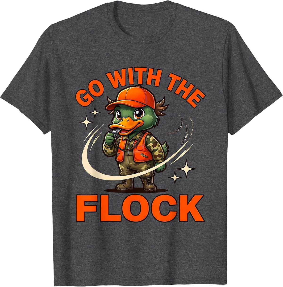 Men's GO WITH THE FLOCK Funny Duck Hunter Hunting Camp Gift T-Shirt - Dark Heather Grey