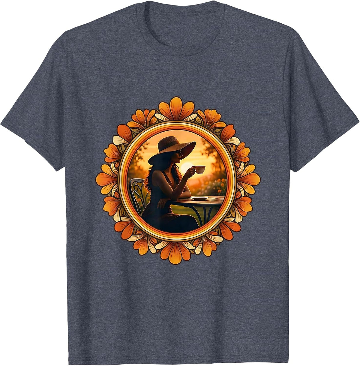 Elegant Tea Garden Illustration Gigi Design T-Shirt - Heather Blue