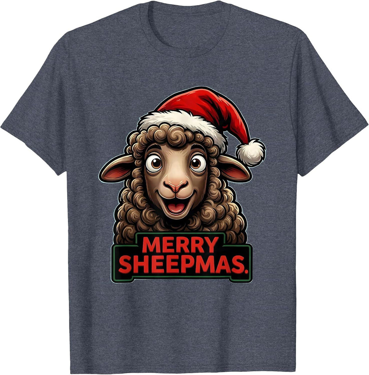 Merry Sheepmas Cartoon Sheep Santa Hat Christmas Animal T-Shirt - Heather Blue