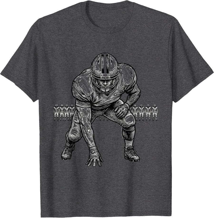Men's Lineman Three-Point Stance Line Art Football Fan Humor T-Shirt - Dark Heather Grey