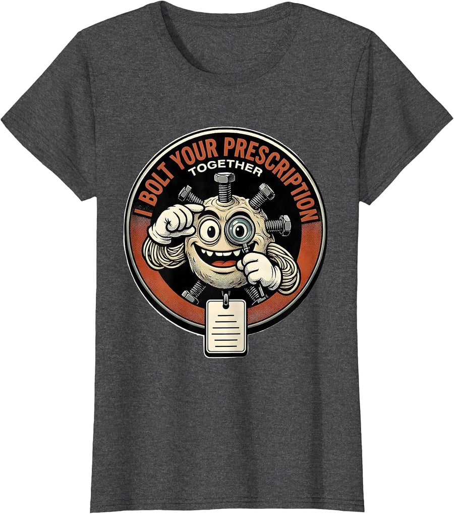 Women's I Bolt Your Prescription Together Retro Cartoon Optometrist T-Shirt - Dark Heather Grey