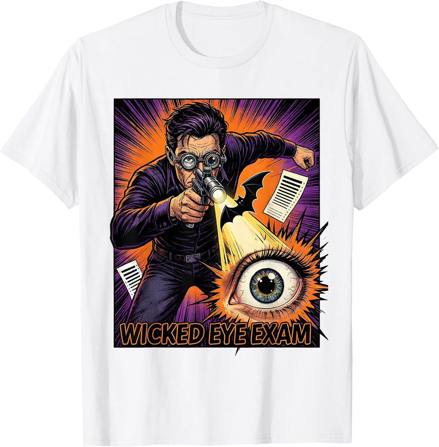 Men's Wicked Eye Exam Comic Book Optometrist Halloween Humor T-Shirt - White