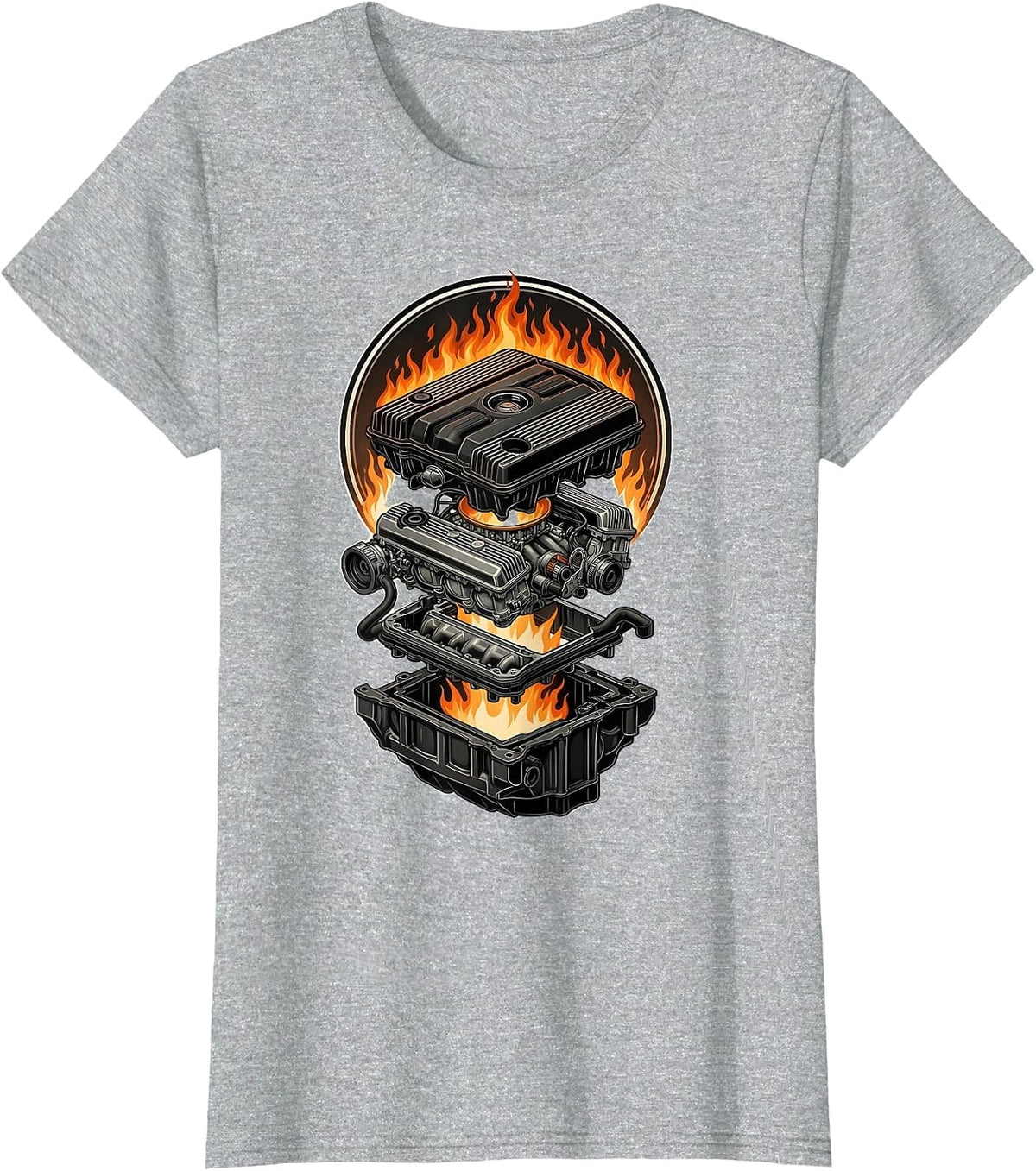 Flaming Car Engine Graphic Tee T-Shirt - Heather Grey