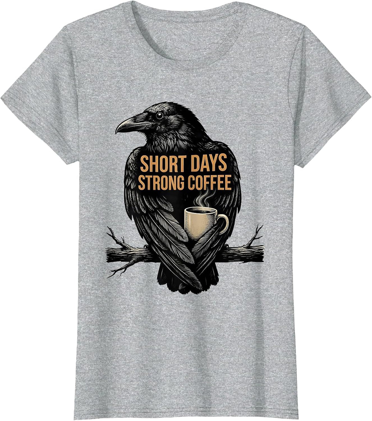 Short Days, Strong Coffee Gothic Crow Coffee Lover Halloween T-Shirt - Heather Grey