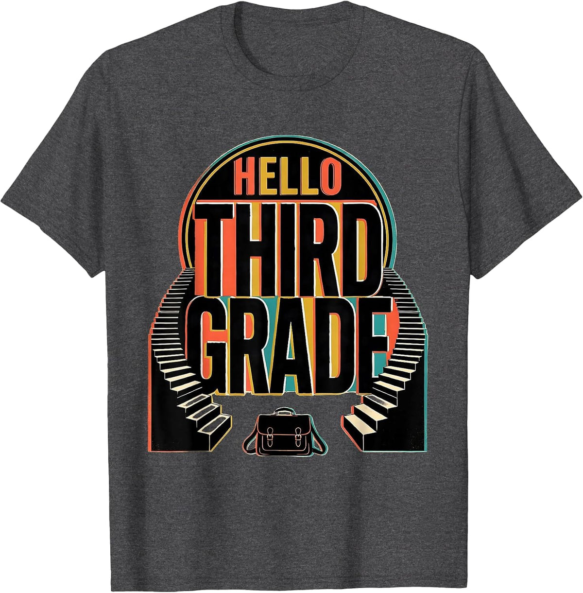 Men's Hello Third Grade Playful Whimsical Kids Teacher Back T-Shirt - Dark Heather Grey