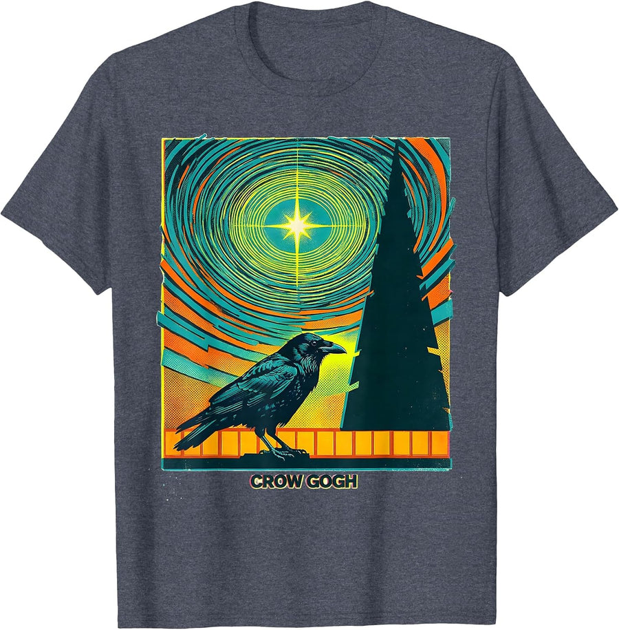 Crow Gogh Risograph Art Lover Bird Enthusiast Gift T-Shirt - Heather Blue