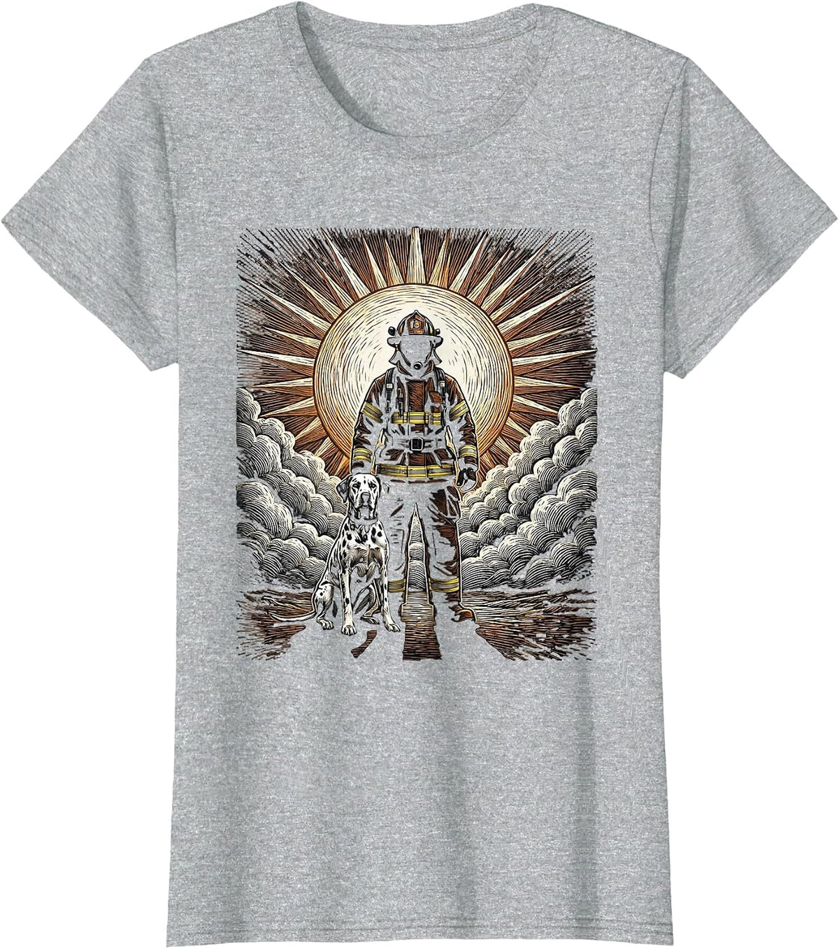 Dalmatian Firefighter Silhouette Sunset Design T-Shirt - Heather Grey