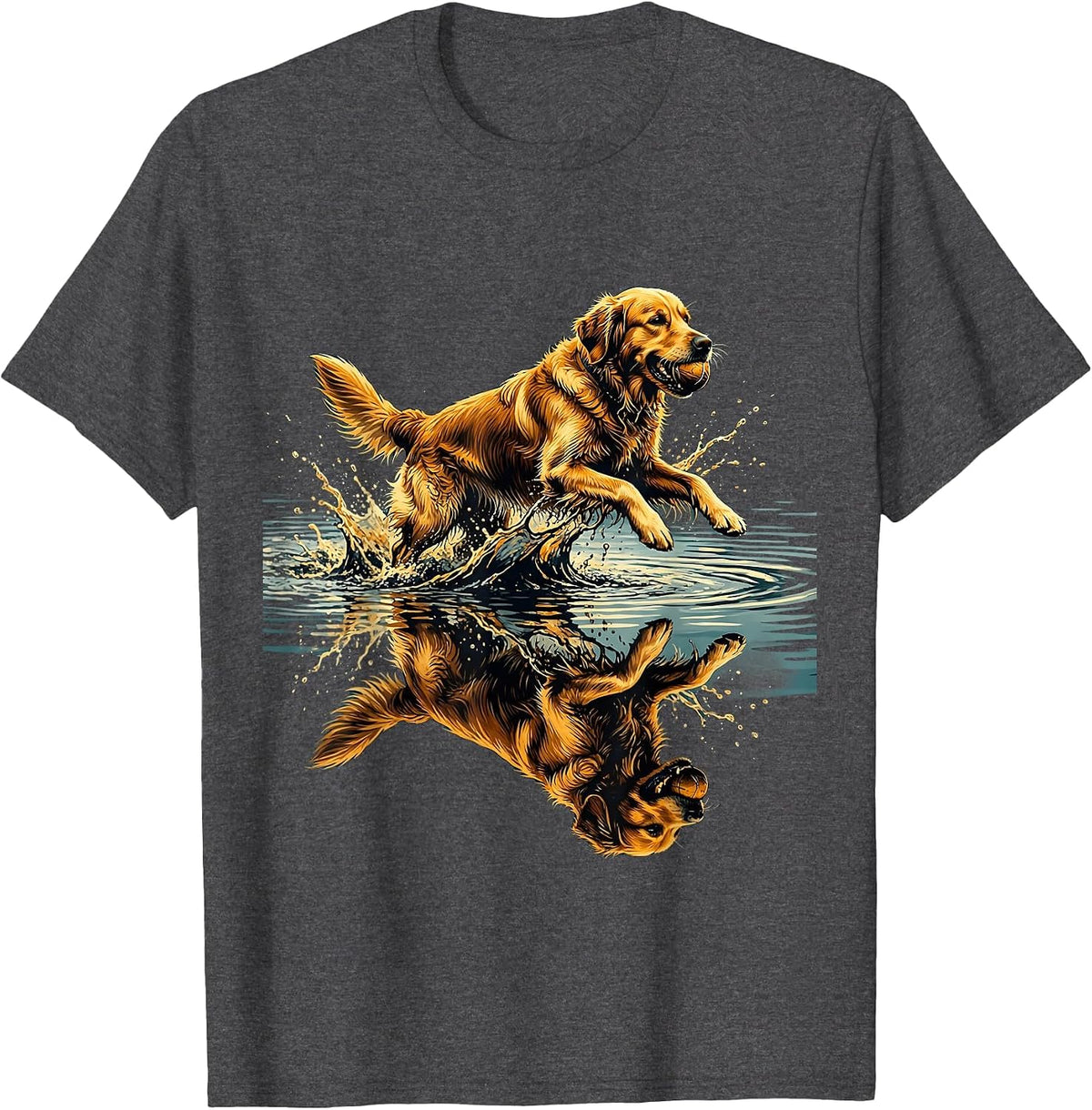Golden Retriever Fetching Tennis Ball in River T-Shirt - Dark Heather Grey