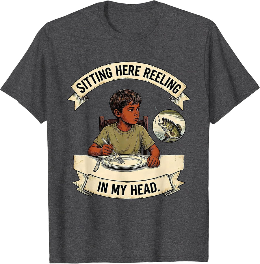 Men's Sitting Here Reeling In My Head Funny Bass Fishing Humor T-Shirt - Dark Heather Grey