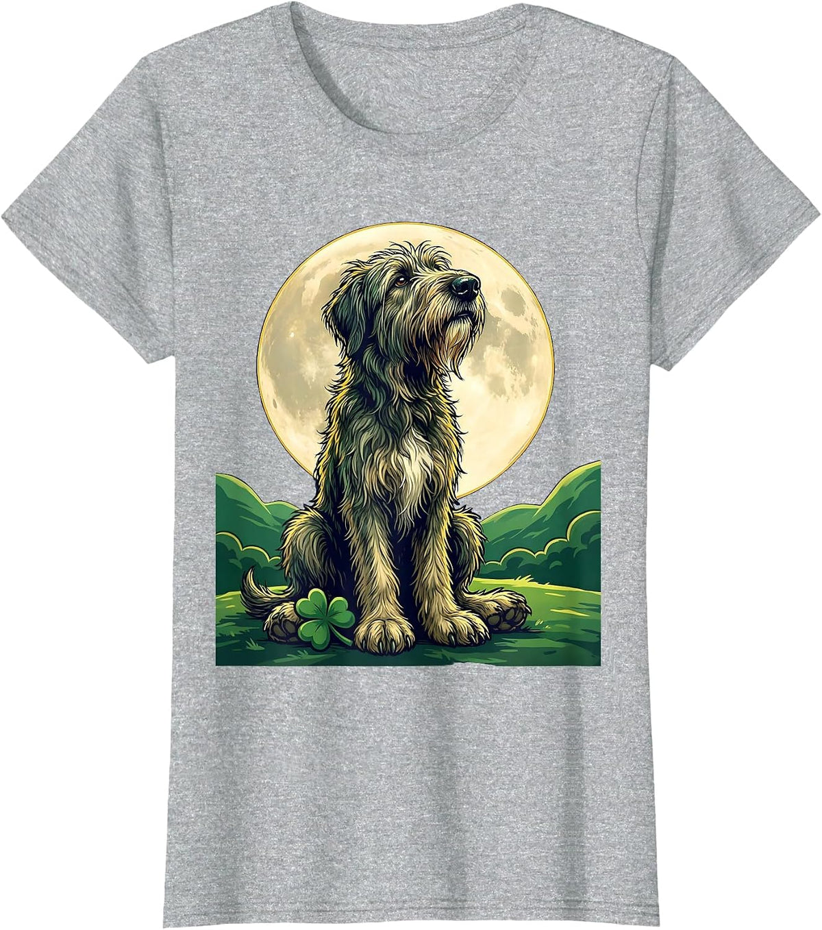 Irish Wolfhound Full Moon Night Illustration T-Shirt - Heather Grey