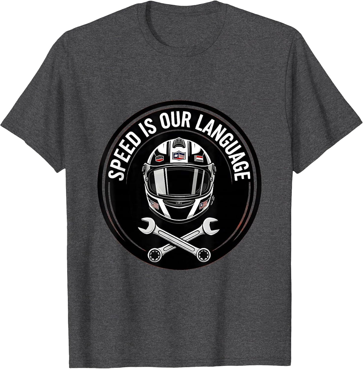 Men's Speed Is Our Language Pit Crew Racing Design T-Shirt - Dark Heather Grey