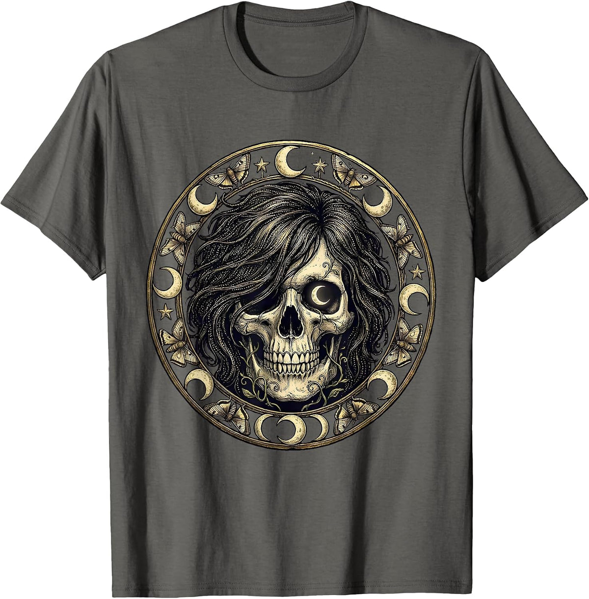 Emo Skull Side-Swept Hair Graphic Design T-Shirt - Asphalt Grey