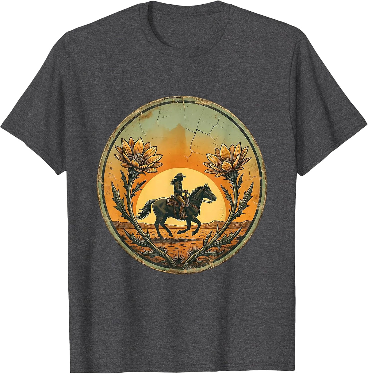 Lone Cowgirl on Horseback Desert Riding Graphic T-Shirt - Dark Heather Grey