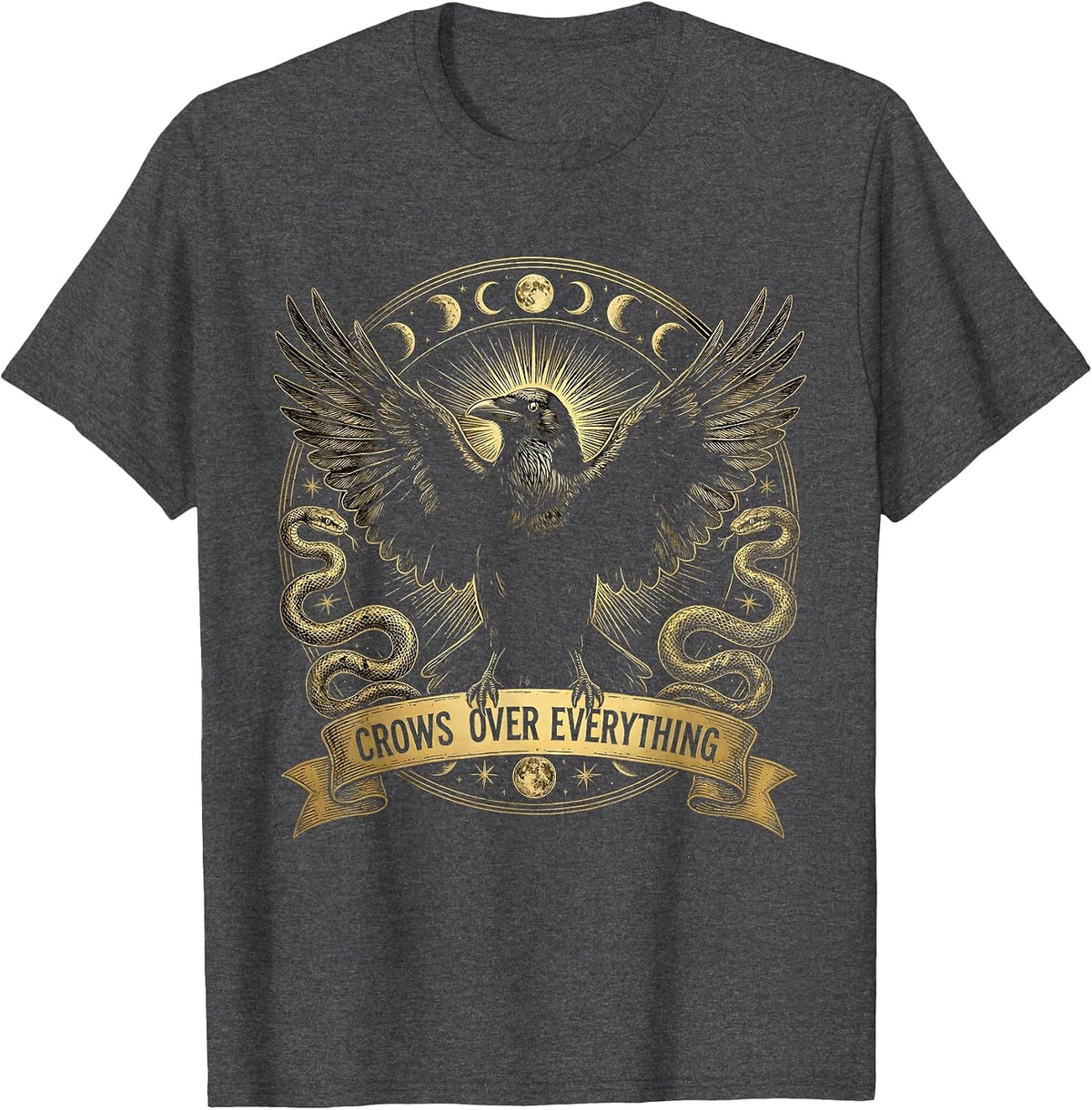 Crows Over Everything Bold Crow Graphic Design T-Shirt - Dark Heather Grey