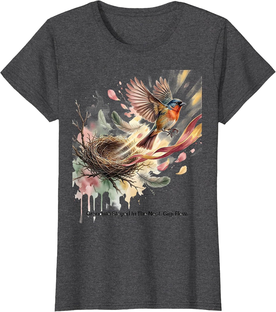 Women's Grandma Stayed In The Nest Gigi Flew Sentimental Family T-Shirt - Dark Heather Grey