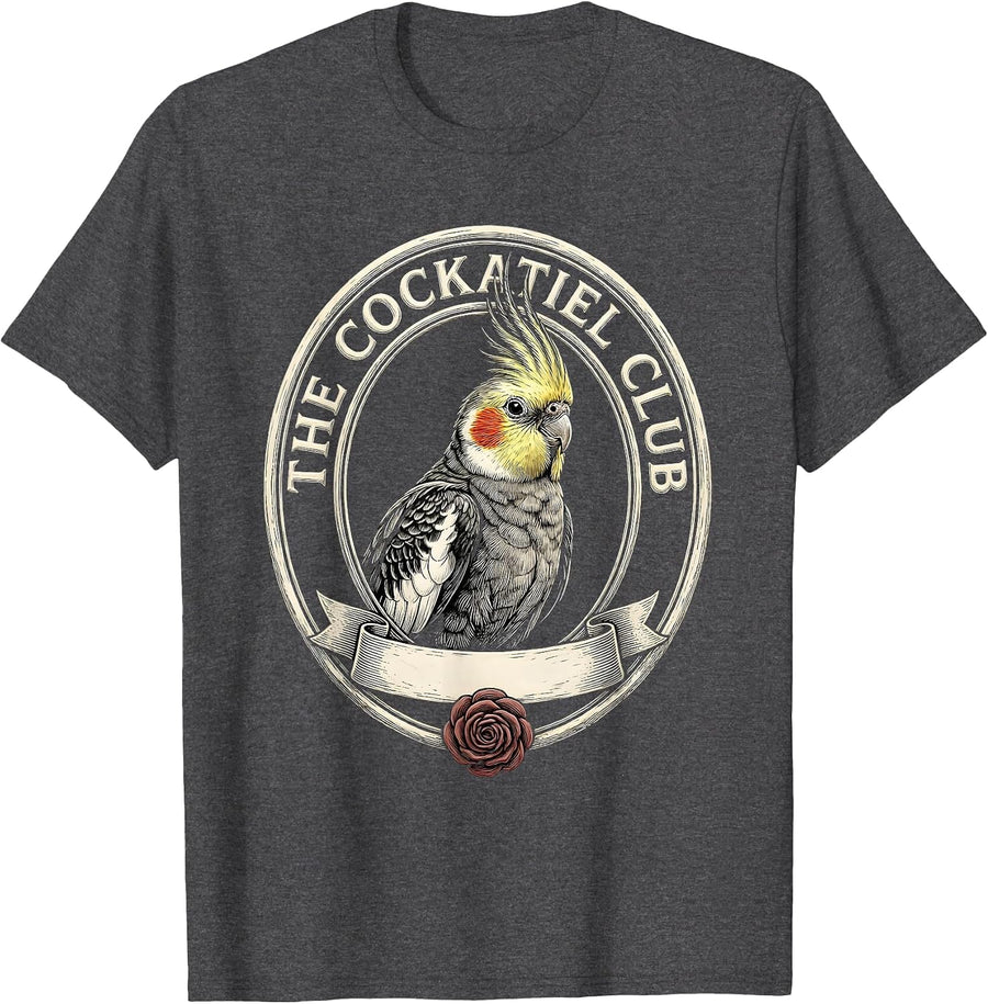 Men's The Cockatiel Club Funny Crude Novelty Club Badge Humor T-Shirt - Dark Heather Grey