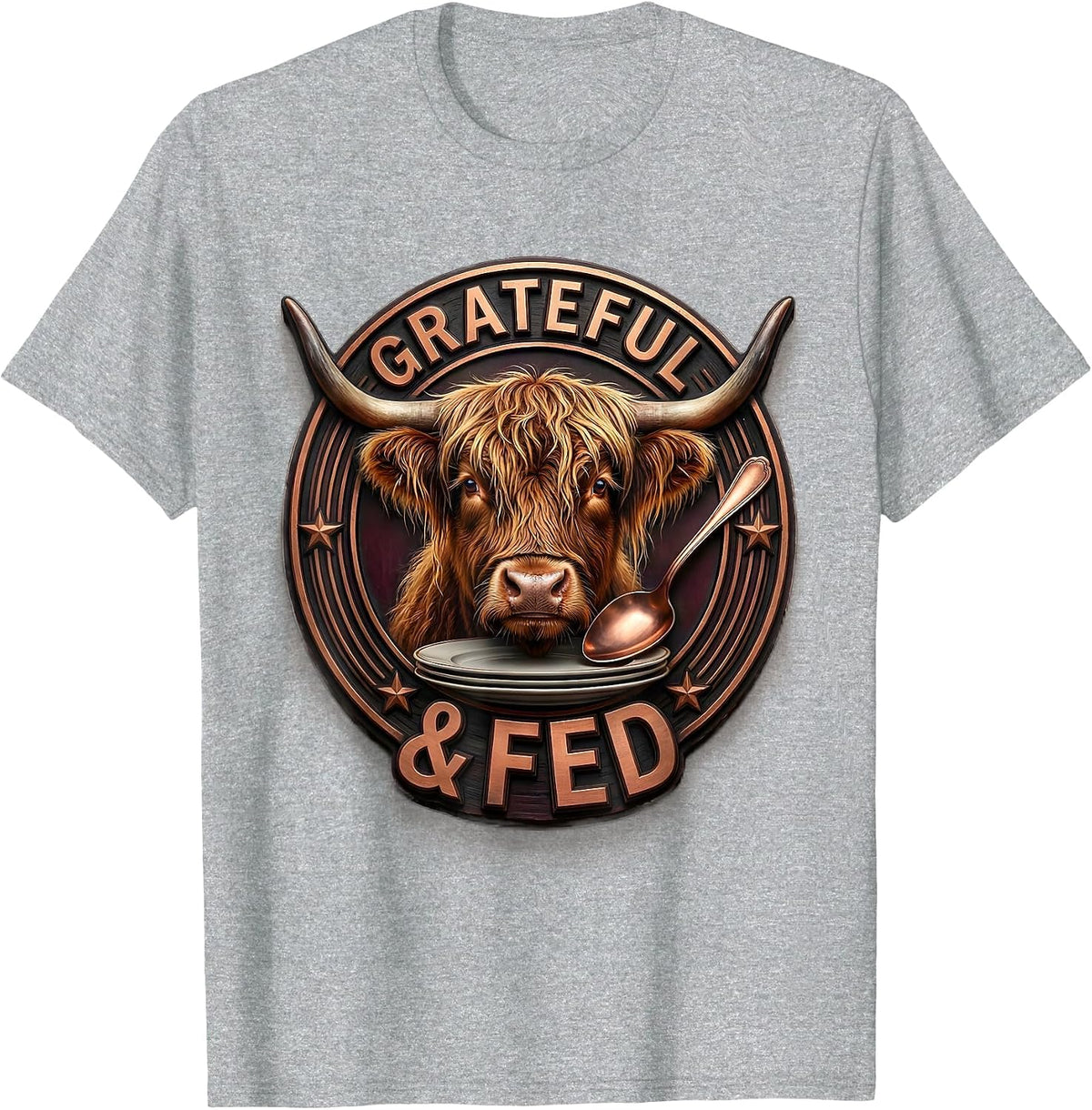 Men's Highland Cow Head Warm Copper Spoon Cute Thanksgiving T-Shirt - Heather Grey