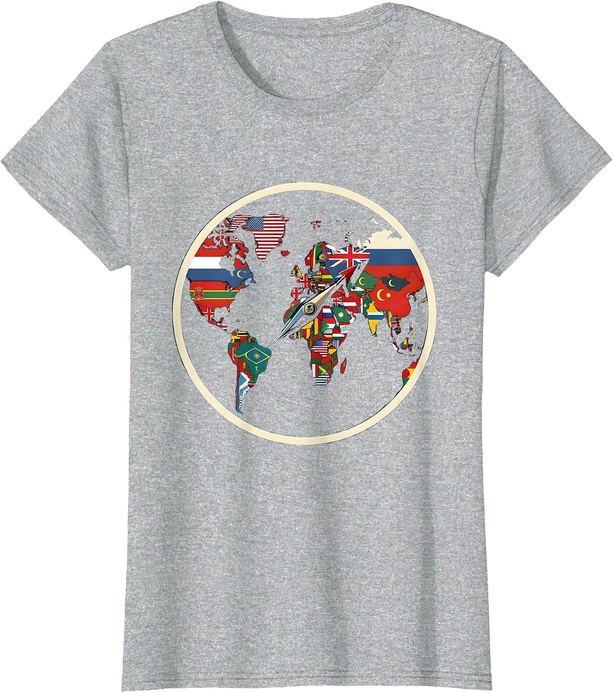 Women's World Flags Map Shield Badge Geography Lover Travel T-Shirt - Heather Grey