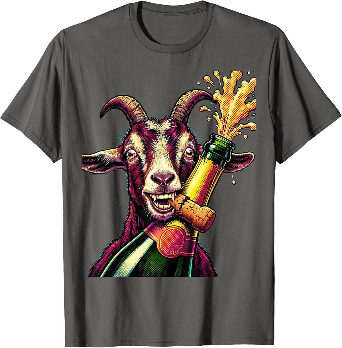 Funny Goat Champagne Cork Drinking Illustration T-Shirt - Asphalt Grey