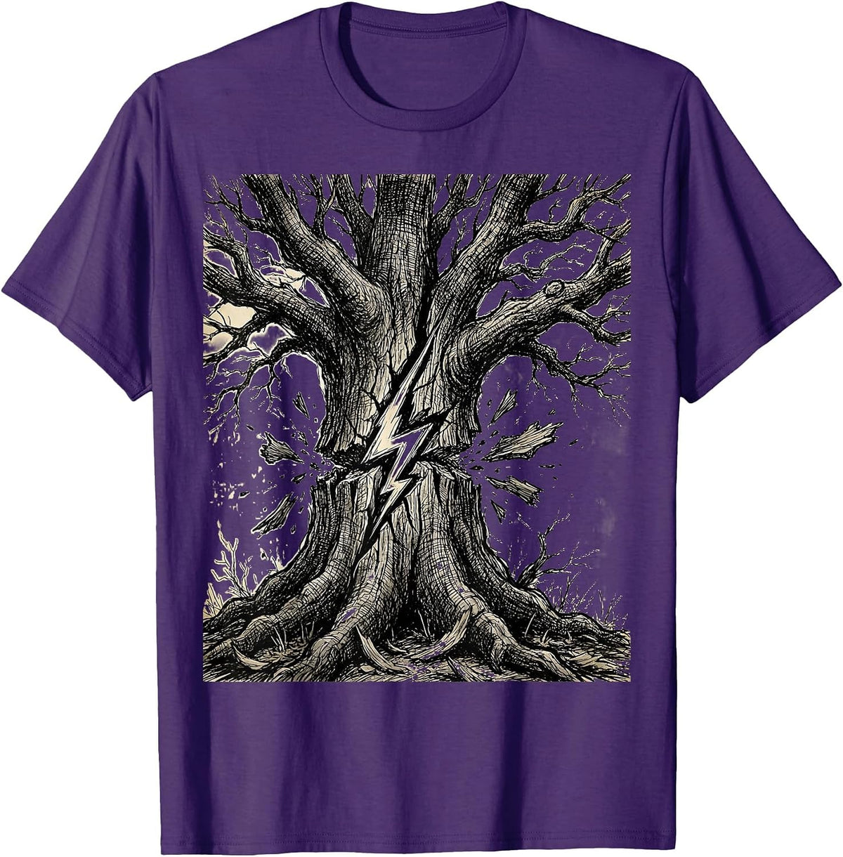 Grunge Lightning Bolt Splitting Dead Tree T-Shirt - Purple