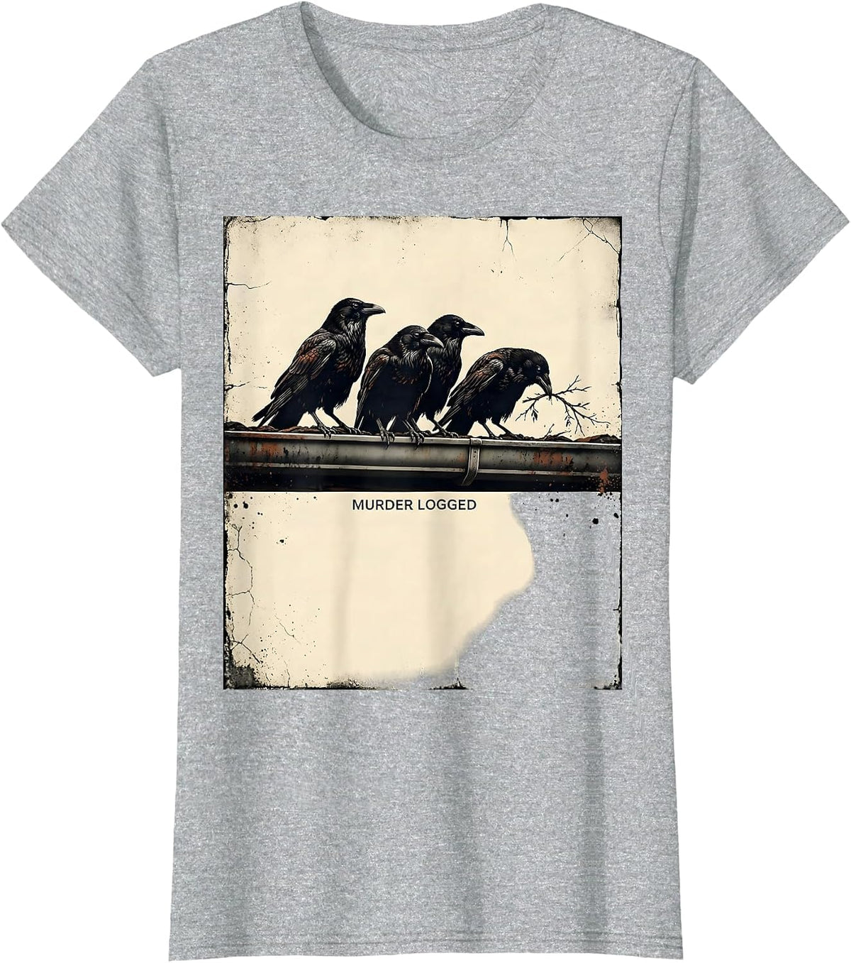 Women's Murder Logged Distressed Crow Gothic Bird Lover Dark Humor T-Shirt - Heather Grey