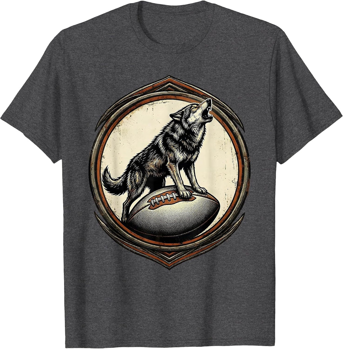 Wolf Howling on Rugby Ball Graphic Design T-Shirt - Dark Heather Grey