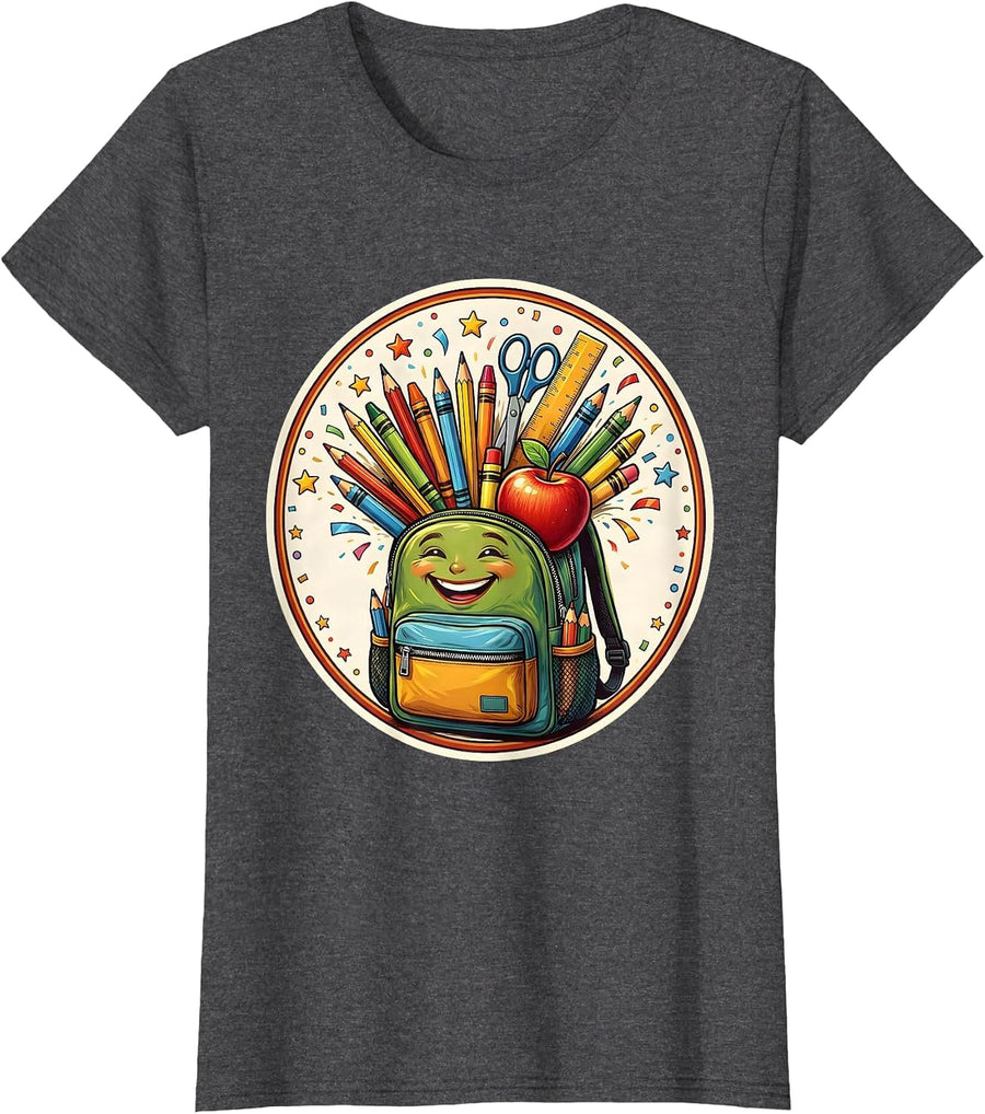Women's First Grade Teacher Backpack School Supplies Graphic T-Shirt - Dark Heather Grey