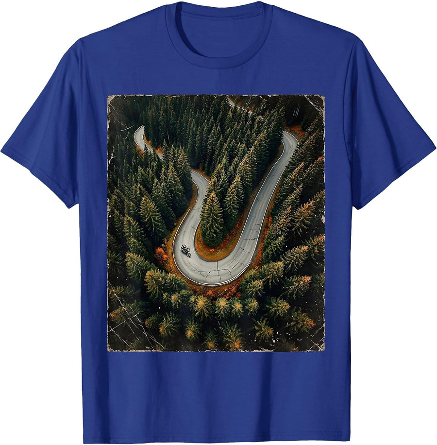 Mountain Road Pine Forest Aerial Motorcycle Tee T-Shirt - Royal Blue