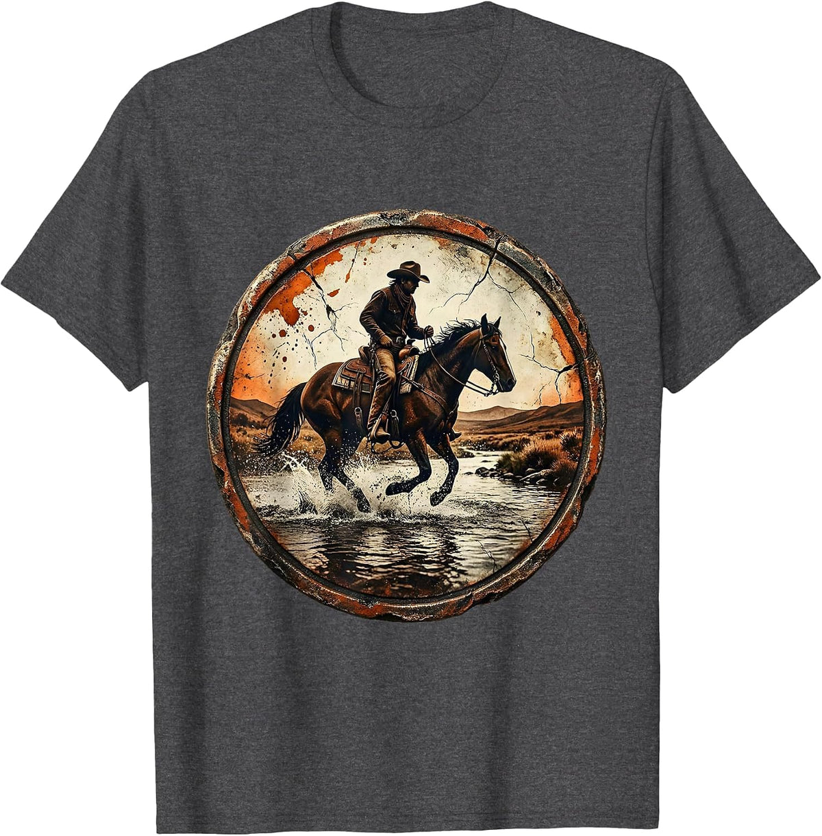 Cowboy on Horseback Crossing River Graphic T-Shirt - Dark Heather Grey