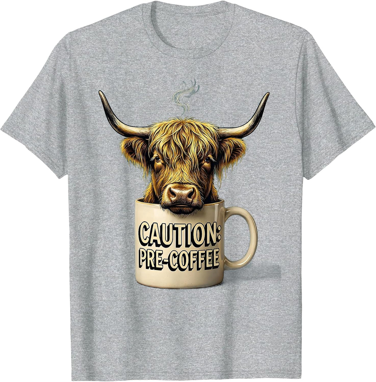 Men's Caution Pre-Coffee Funny Highland Cow Novelty Coffee Lover T-Shirt - Heather Grey