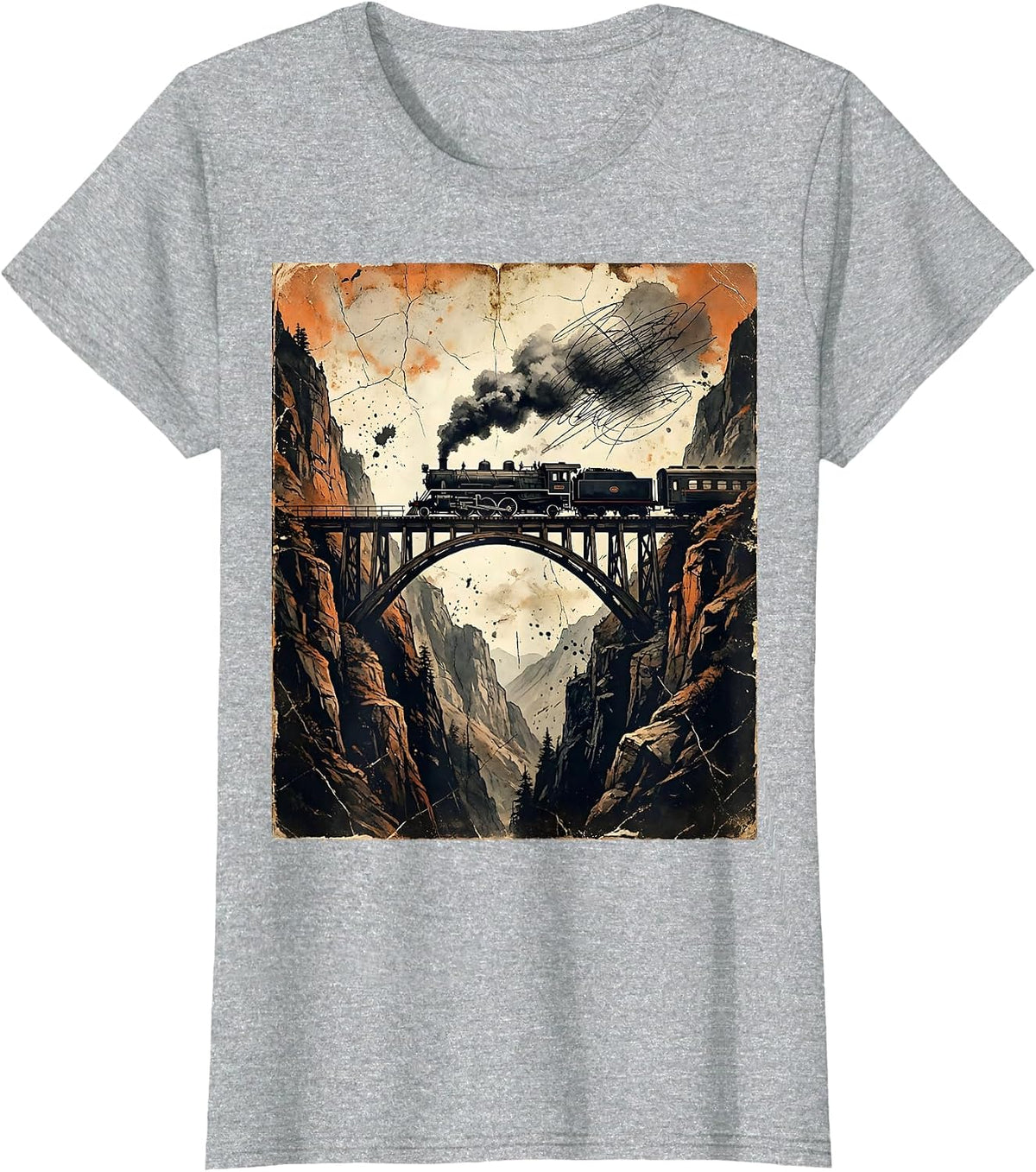 Women's Train Trestle Bridge Mountain Silhouette Graphic T-Shirt - Heather Grey