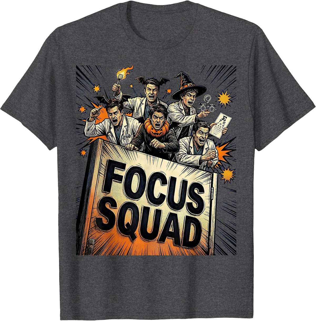 Focus Squad Comic Book Halloween Optometrist Eye Doctor T-Shirt - Dark Heather Grey