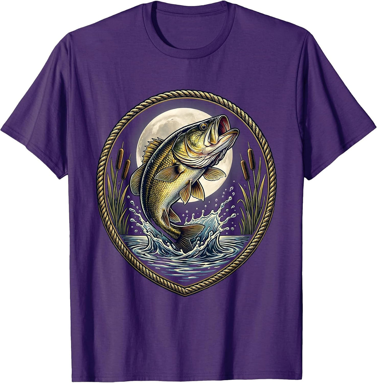 Bass Breaking Surface Full Moon Fishing Graphic T-Shirt - Purple