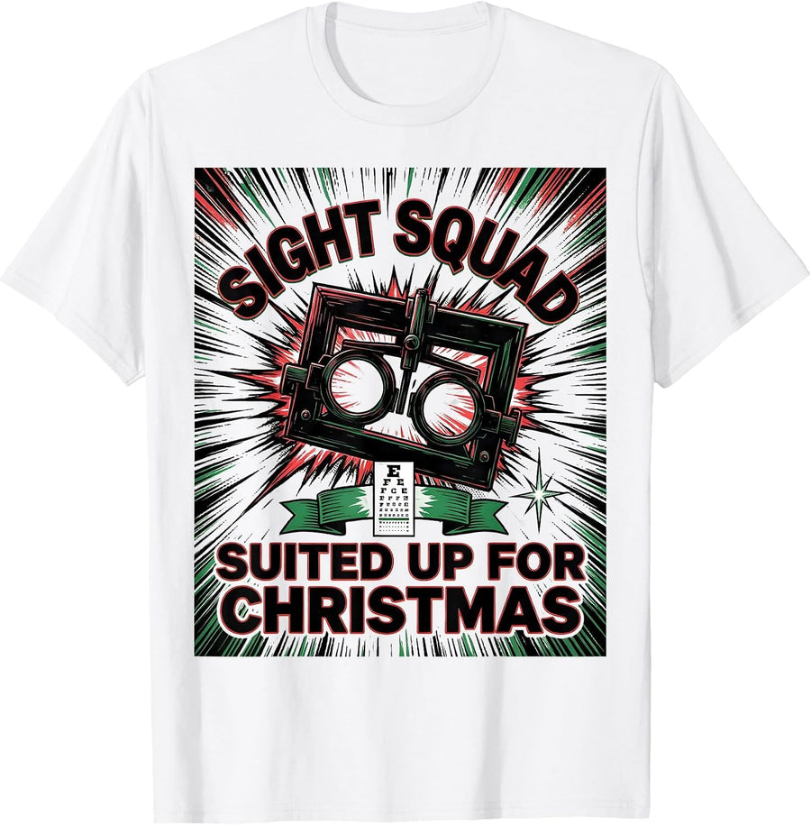 Men's Sight Squad, Suited Up For Christmas Comic Book Optometrist T-Shirt - White