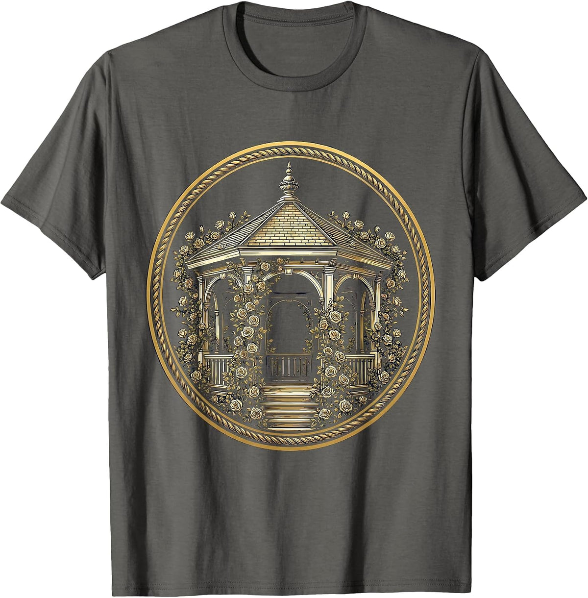 Park Gazebo Climbing Roses Floral Garden Illustration T-Shirt - Asphalt Grey