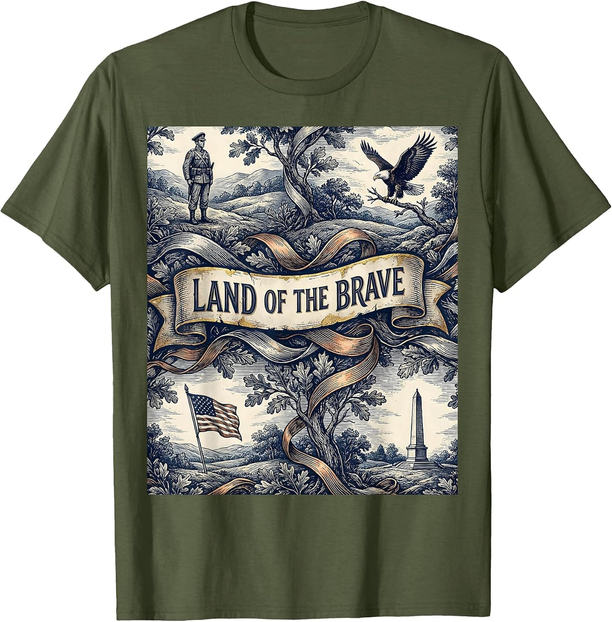 Land of the Brave Patriot Day Tribute Design T-Shirt - Olive Green