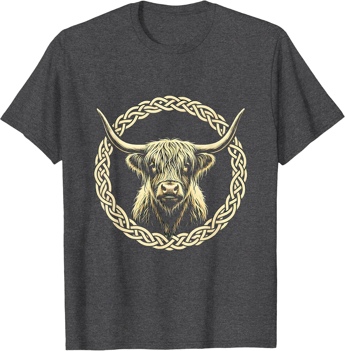 Men's Highland Cow Celtic Knotwork Illustration T-Shirt - Dark Heather Grey