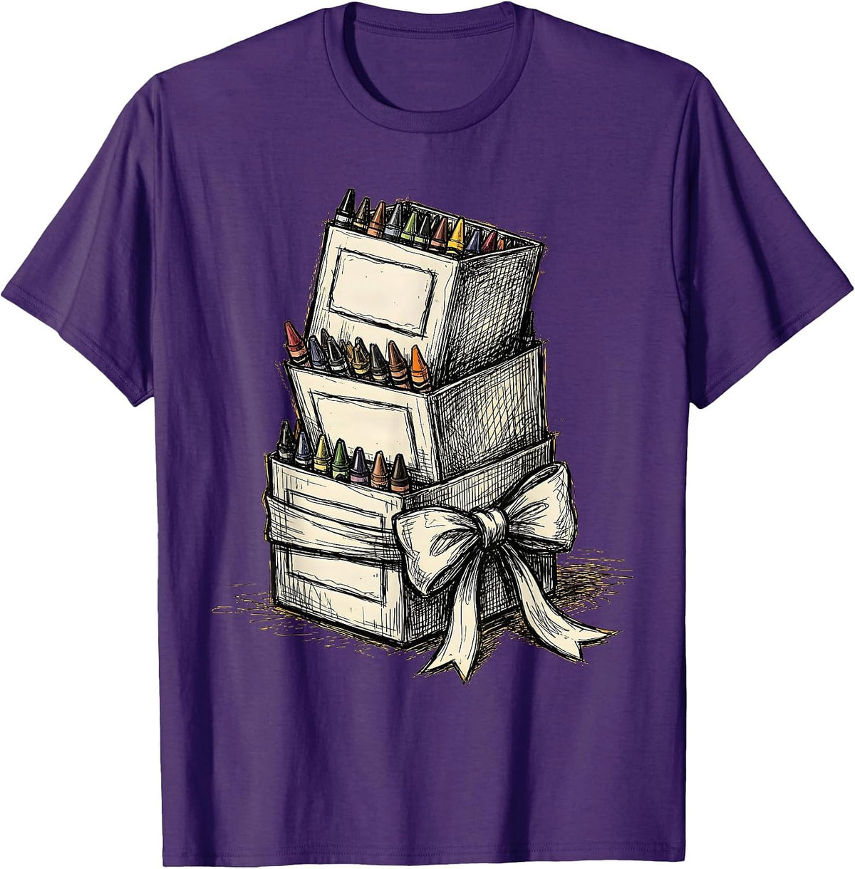 Third Grade Teacher Crayon Box Stack Gift T-Shirt - Purple